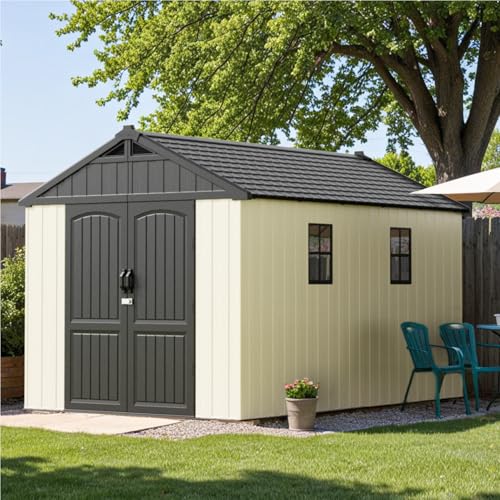 Patiowell 8 x 12 FT Plastic Outdoor Storage Shed with Floor, Resin Shed with Window and Lockable Door for Garden, Backyard, Tool Storage Use