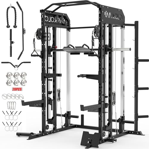 Mikolo Smith Machine, Multi-Function Power Cage with Dual Pulley System, Vertical Leg Press Attachment