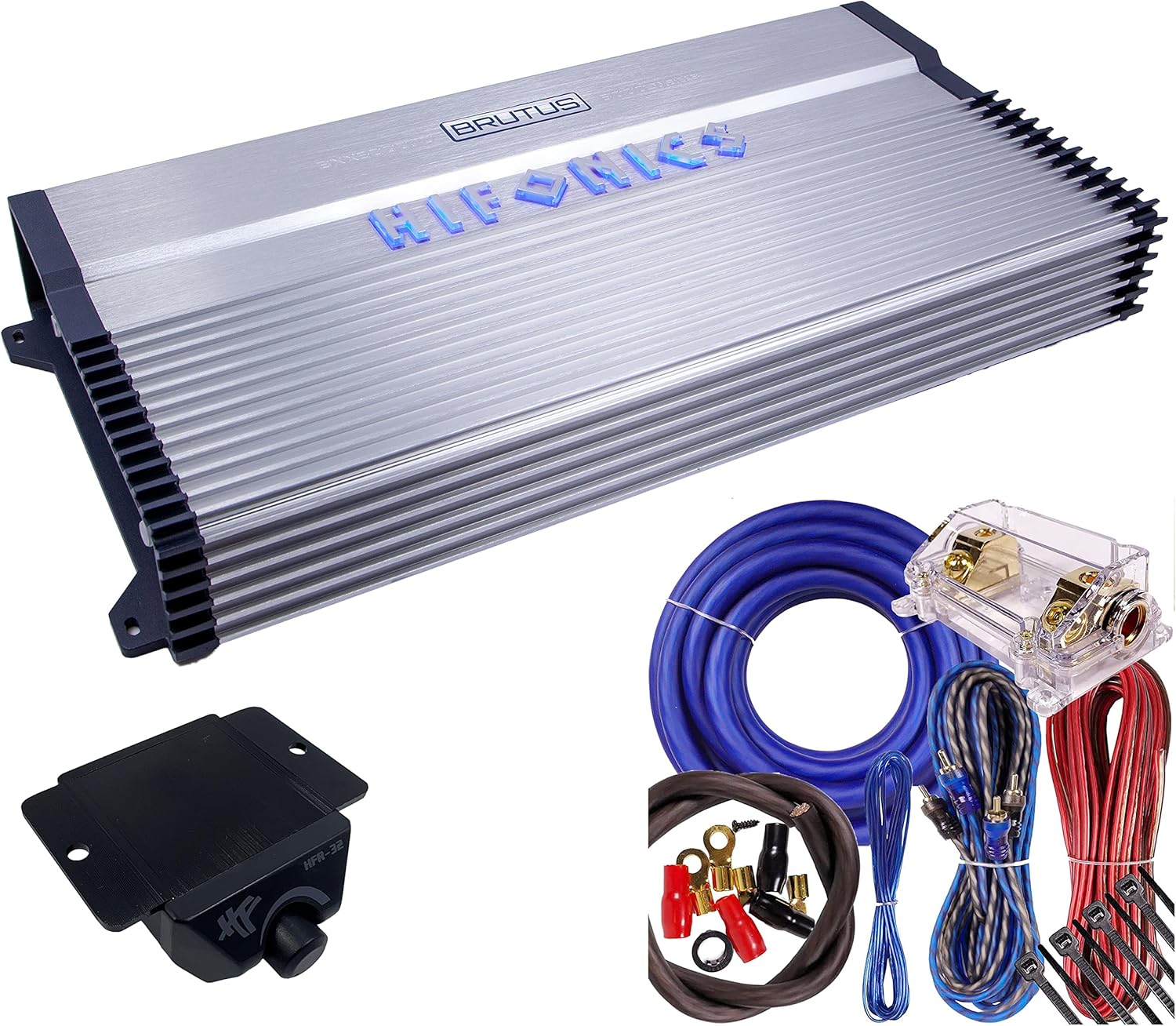Hifonics BXX6000.1D 6000 Watt RMS 1-Channel Monoblock D Class Amplifier Brutus Car Audio with Blue 0 Gauge Installation Kit Bundle, Silver