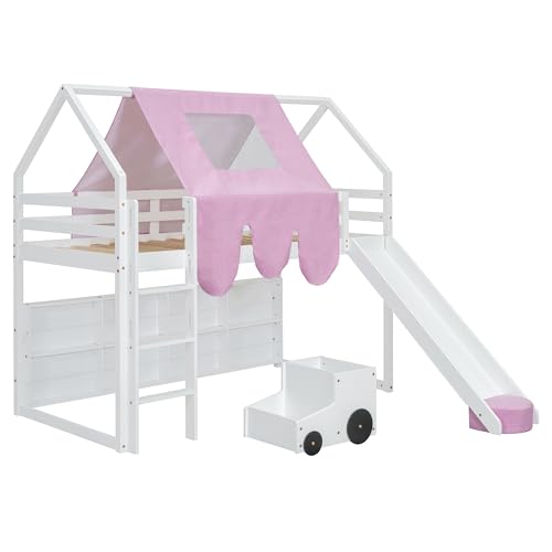 Harper & Bright Designs Kids Twin Low Loft Bed with Slide and Storage Shelves, Wood Playhouse Loft Bed Frame with a Tent & Stairs