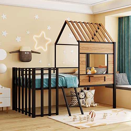 Harper & Bright Designs Kids House Beds Low Loft Bed Frame with Roof, Window, Guardrail and Ladder