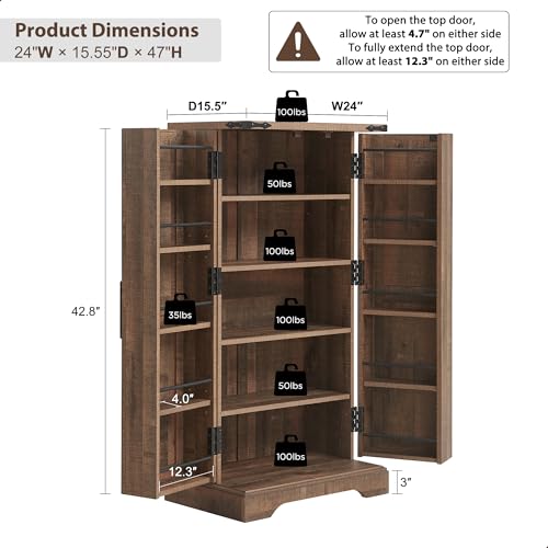 72" Tall Kitchen Pantry, Farmhouse Storage Cabinet with Barn Doors, Organizer, Drawer and Adjustable Shelves, Rustic Wood Cupboard for Kitchen