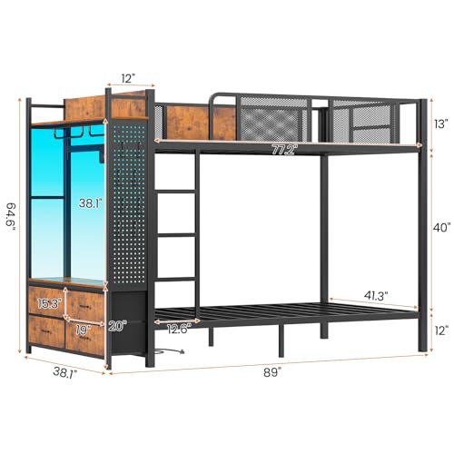 Itaar Metal Bunk Bed Twin Over Twin with Hall Tree, Power Outlet, LED Bunk Bed with 4 Storage Drawers, Bed with Safety Guardrail & Ladders