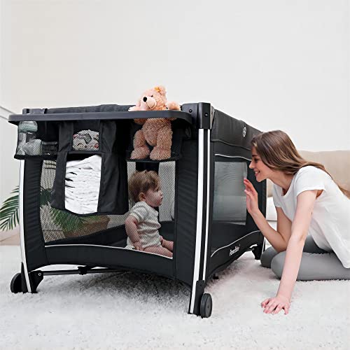 Pamo Babe 4 in 1 Portable Baby Crib Deluxe Nursery Center, Foldable Travel Playard with Bassinet, Mattress, Changing Table for Newborn, Infant