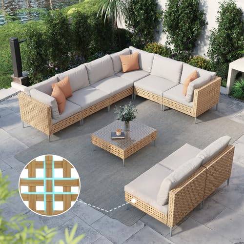 Grand patio 7-Piece Wicker Patio Furniture Set, Boho Outdoor Conversation Set Sectional Sofa with Water Resistant Thick Cushions and Coffee Table
