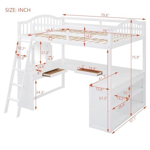 Harper & Bright Designs Full Size Loft Bed with Desk, Storage Shelves and Drawers, Solid Wood Loft Bed Frame with Built-in Wardrobe, Walnut