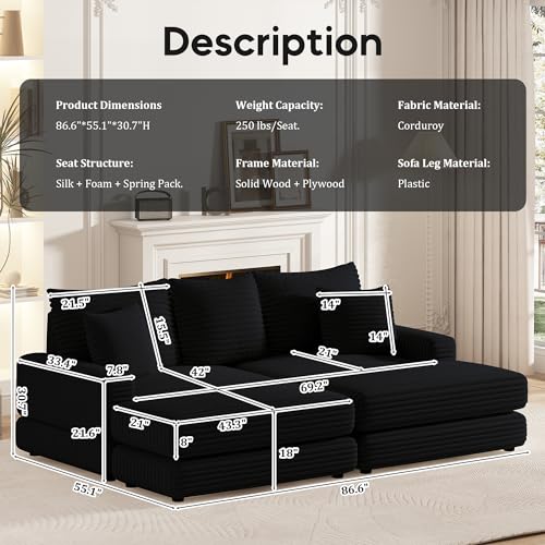 Modern Minimalist Cloud Sofa with Extra Deep Seats,Convertible Sectional Sofa Couch with Removable Back Cushions
