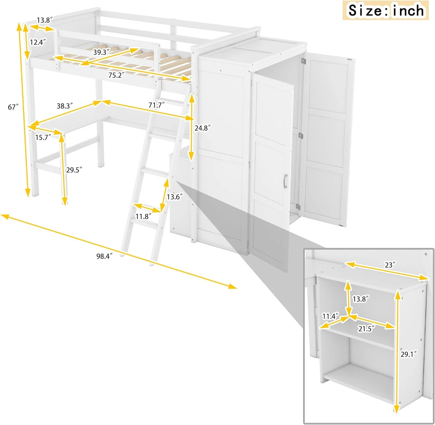 Lof Bed Wih Wardrobe Ad Desk, Wood Size Lof Bed Wih Desk Udereah Ad Sorage Shelves, Lof Bed Wih Close For Kids Boys Girls ees,Whie