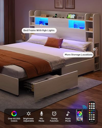 YITAHOME Queen Bed Frame with Bookcase Headboard and 4 Storage Drawers, RGB LED Bed Frame with Type-C & USB Charging Station Storage Headboard Bed