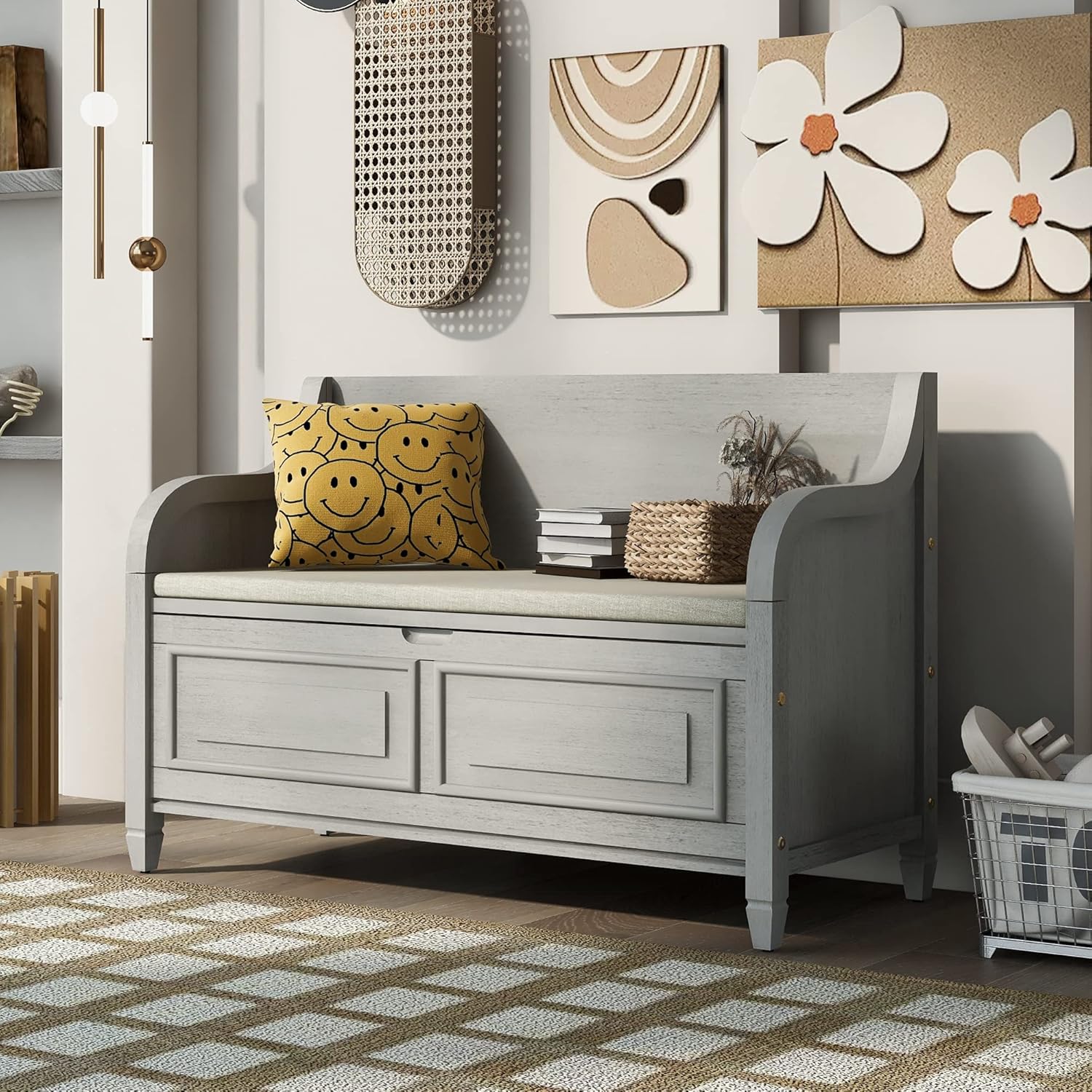 HOUAGI Rustic Storage Bench with Backrest and Hidden Storage,Entryway Multifunctional Bench with Safety Hinge for Foyer,Mudroom,Under Window