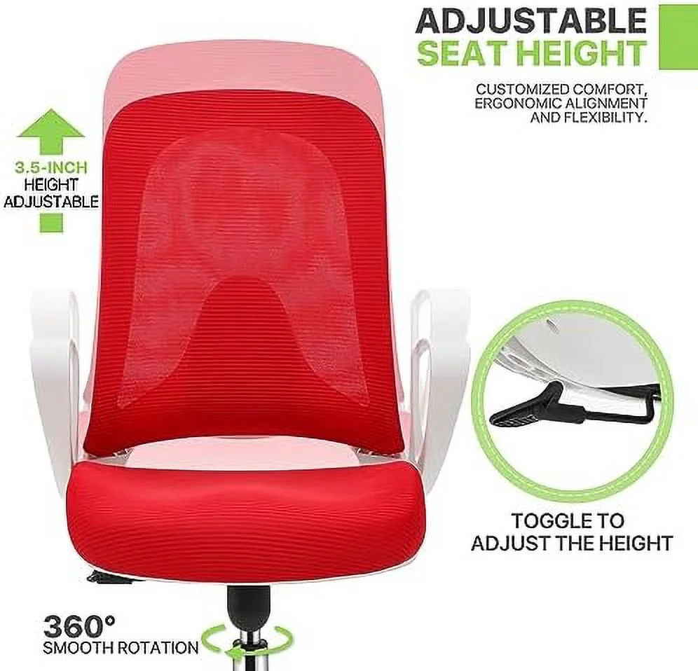 Office Desk Chair Mid-Back Mesh Swivel Chairs  Ergonomic Office Computer Chair with Flip-Up Arms  Red