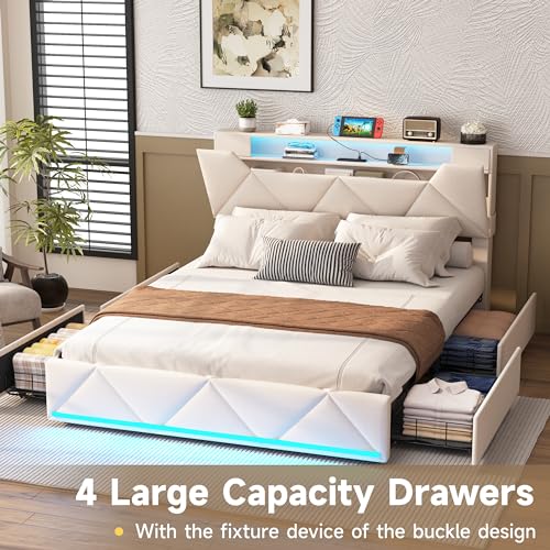 Vabches Queen Bed Frame with Storage Headboard and 4 Drawers,Upholstered Platform with Charging Station and Led Lights,Adjustable Headboard