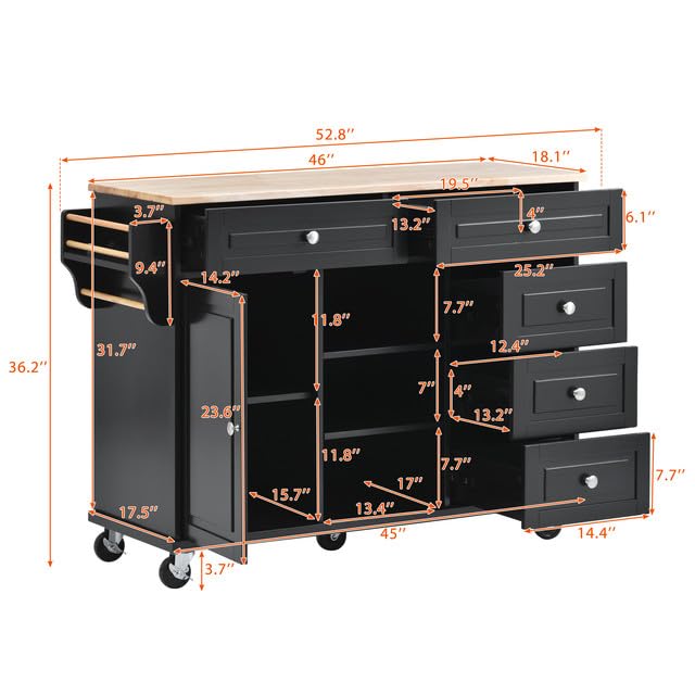PULLAFUN Kitchen Island Cart with Solid Wood Top, Mobile Carts with Storage Cabinet, Rolling Kitchen Table with Spice Rack, Towel Rack