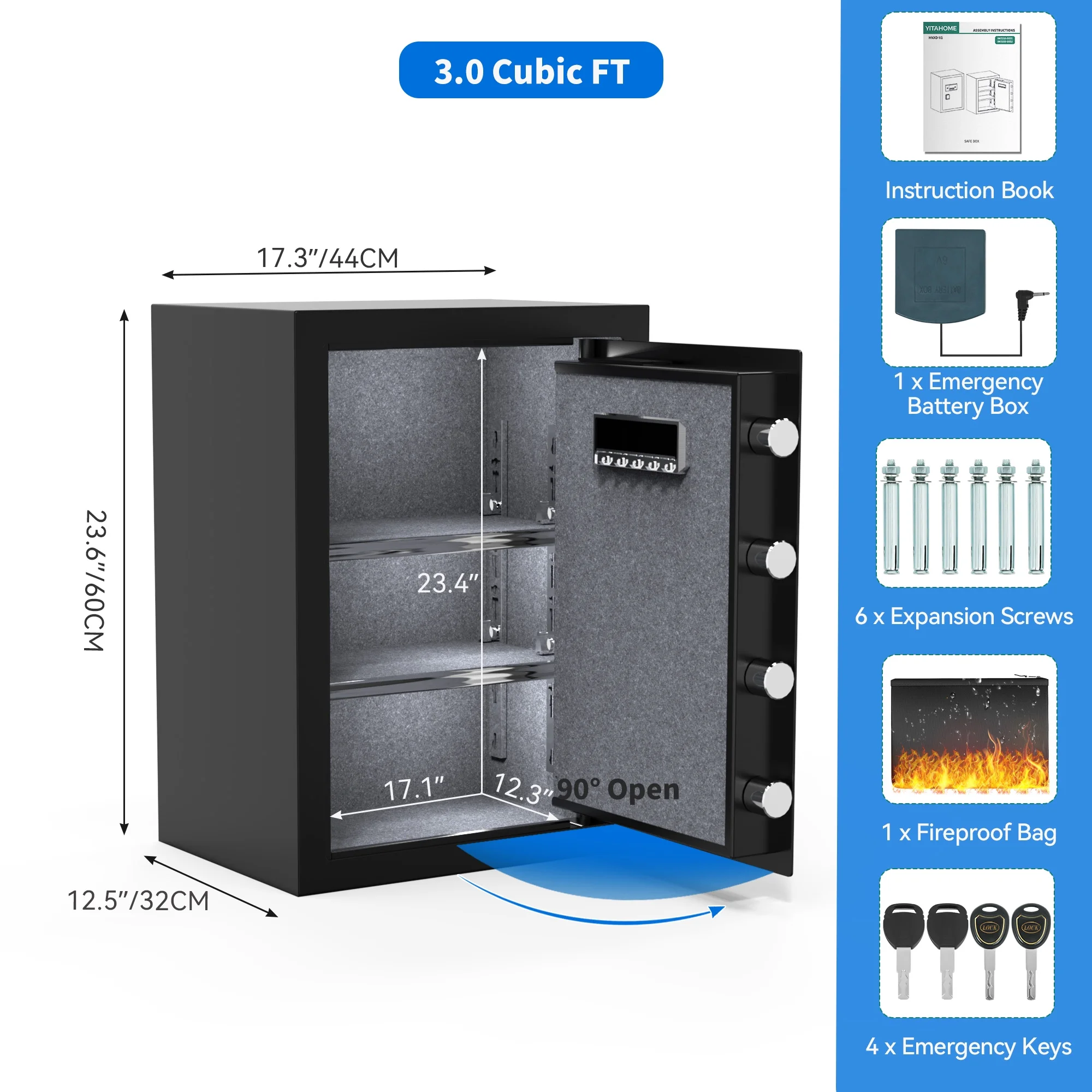 Dextrus Fireproof Safe Box 3 CU.FT,Security Safe Box with Digital Keypad, Fireproof Bag, Adjustable Shelves and LED Lighting for Storing Cash