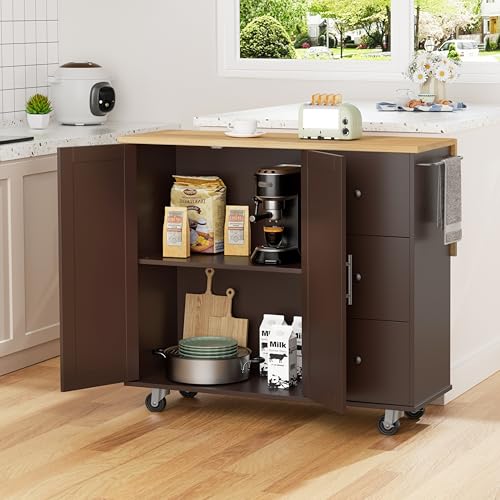 Shintenchi Rolling Kitchen Island Cart with Folding Drop Leaf Breakfast Bar, Portable Trolley Island with Large Storage Cabinet, Shelf and Drawer