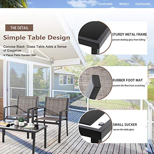 Vongrasig 4 Pieces Patio Furniture Sets,Outdoor Patio Conversation Sets with Glass Coffee Table, Small Porch Balcony Furniture