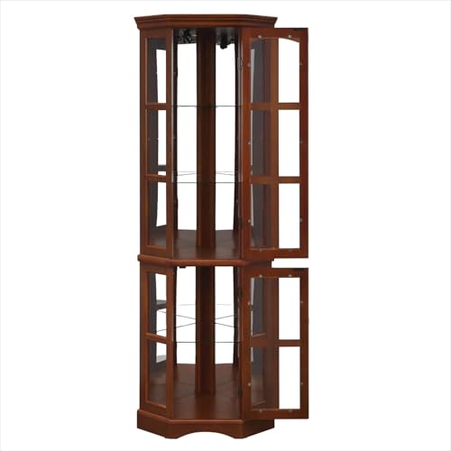 Lighted Corner Curio Cabinet Glass Display Case with 4 Adjustable Shelves, Mirrored Back Panel and 4 Tempered Doors, for Living Room Bedroom Office