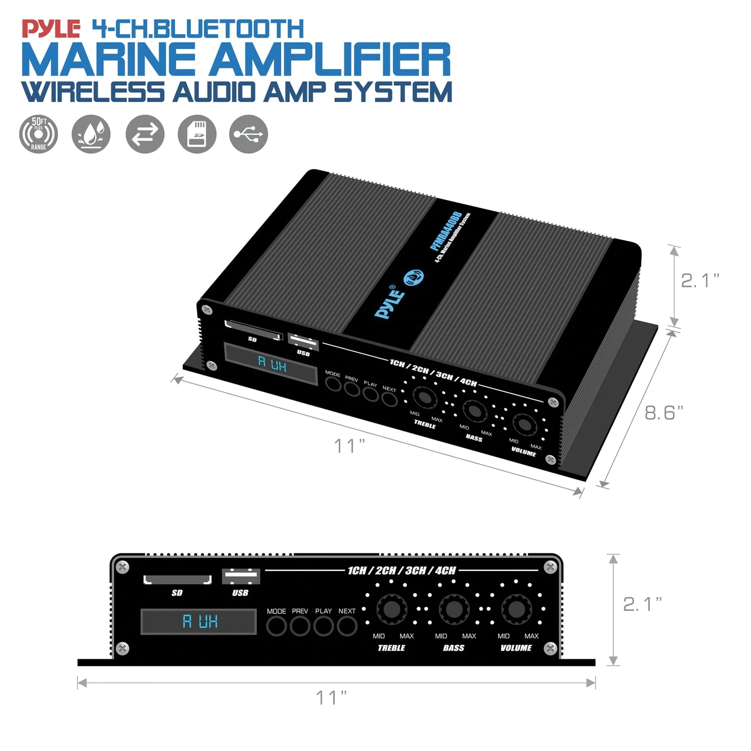 Pyle 400 Watt 4-Channel BT Marine Amplifier Weather Resistant cordfree Audio Amp System with MP3/USB/SD Readers, Black