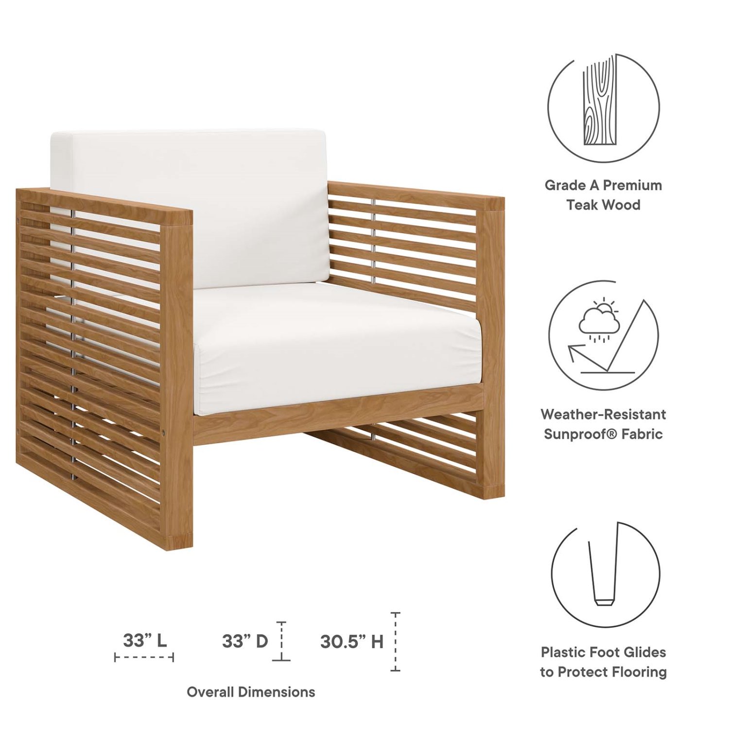 Lounge Chair ArmchairTable Set, White Natural, Teak Wood, Outdoor Patio Balcony Cafe Bistro Garden Hospitality Restaurant