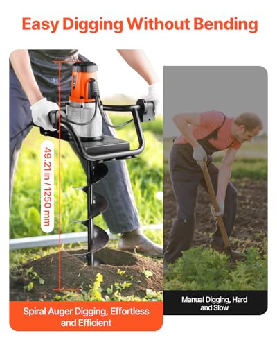 VEVOR Electric Post Hole Digger, 5.71 in Auger Bit with 1500W Powerful Motor, 140 RPM Alloy Steel Earth Auger Drill Bit with 10.24 in Extension Rod