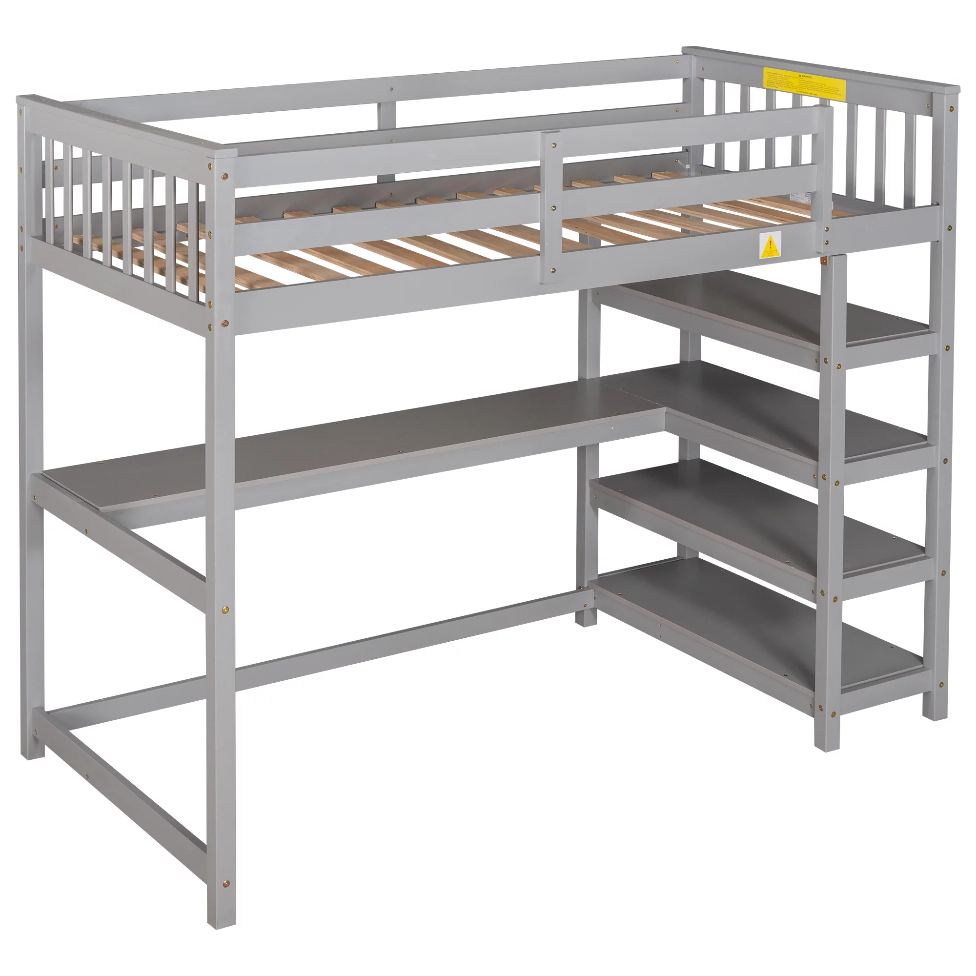 Euroco Twin Size Loft Bed with Built-in Desk and Shelves for Kids Teens Adults, Gray