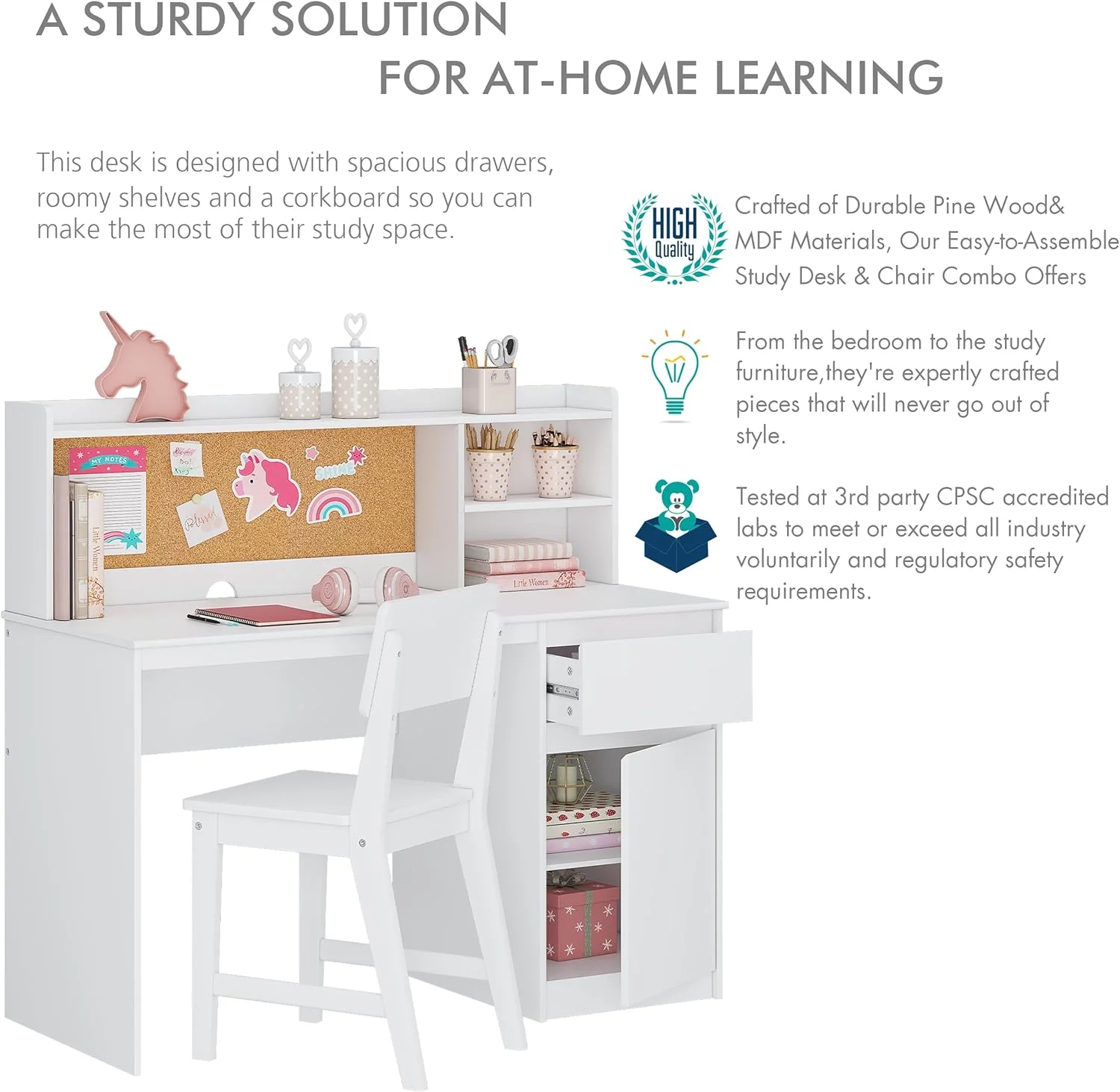Spirich Kids Study Desk with Chair, Kids Desk and Chair Sets with Hutch and Storage Cabinet, Wooden Children Study Table