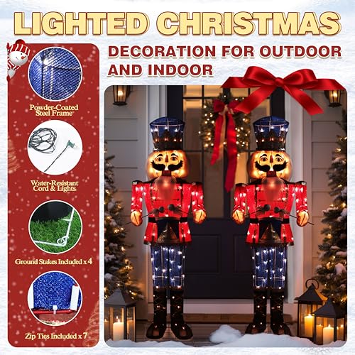 MUPATER 5FT Outdoor Lighted Nutcracker Christmas Decoration, Nutcracker Soldier Holiday Decor Set with Drum, Ground Stakes and Zip Ties