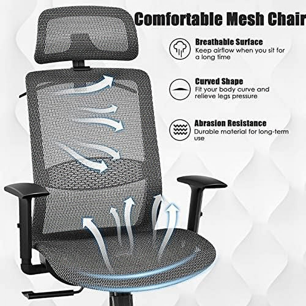 TJUNBOLIFE Ergonomic Mesh Office Chair  Swivel Executive Chair with Reclining High Backrest  Rotatable Headrest  Clothes Hanger and Lumbar Support