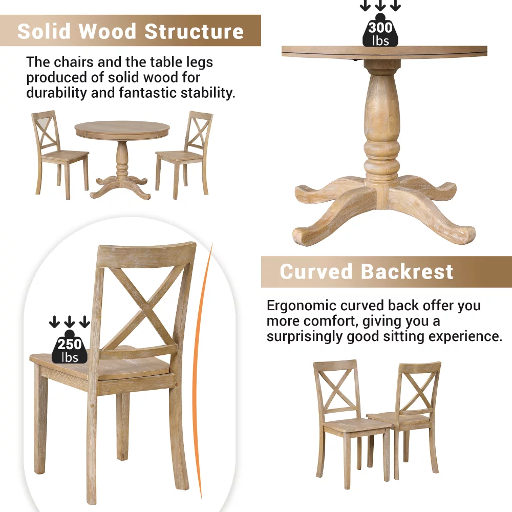 5-Piece Dining Table and Chairs Set for 4 Persons, Solid Wood Round Table with 4 Chairs for Apartment Kitchen Dining Room