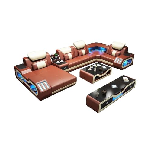 Luxury Italian Leather U-Shaped Sofa with Bluetooth Speaker, USB, LED Light + Matching Coffee Table and TV Stand Black/Warm White