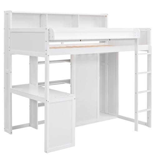 Twin Size Loft Bed with Desk, Multiple Storage Shelves and Wardrobe
