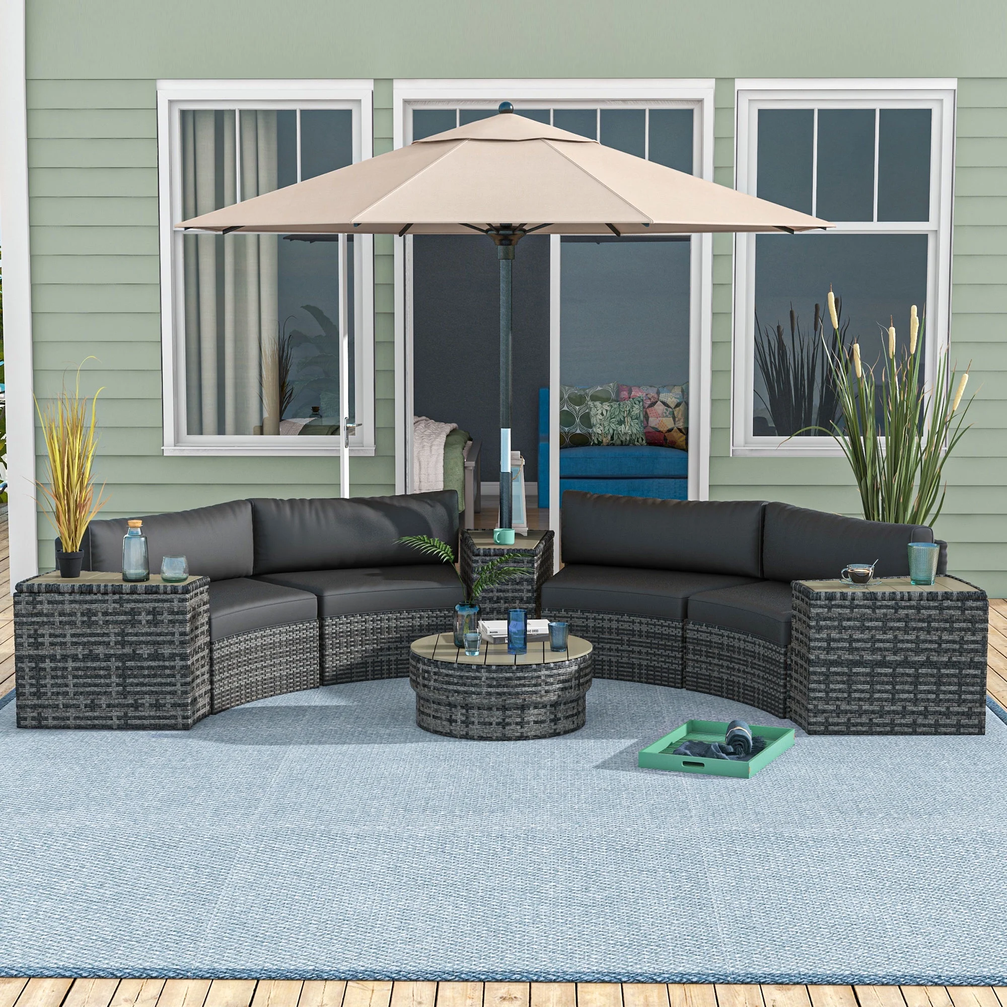 Outsunny 8pc Patio Furniture Set with Sofa, Chair, Umbrella Hole, Gray
