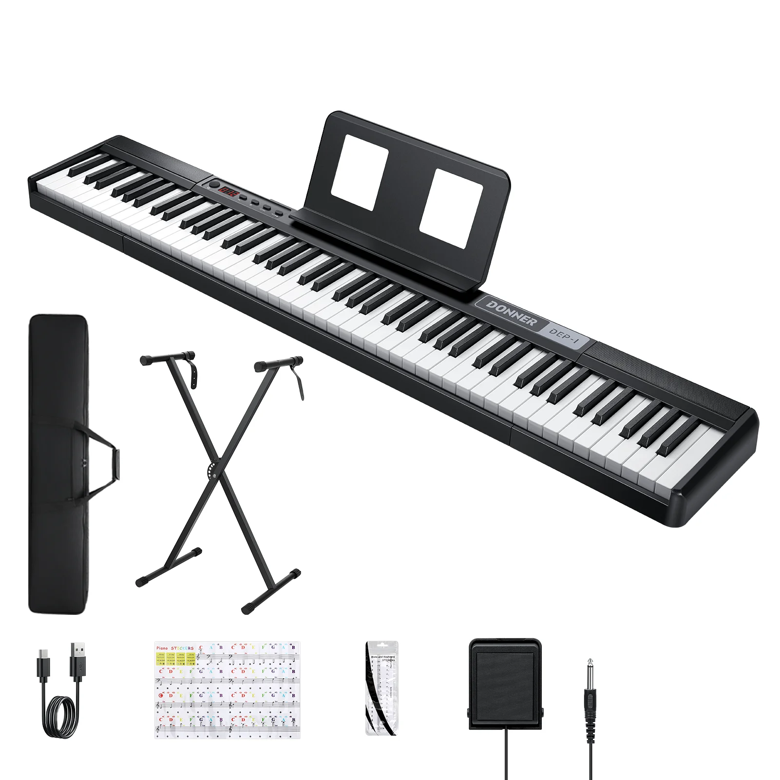 Donner Piano Keyboard 88 Keys, Velocity-Sensitive Digital Keyboard Piano for Beginner, Portable Electric Piano with Stand, Sustain Pedal, Black