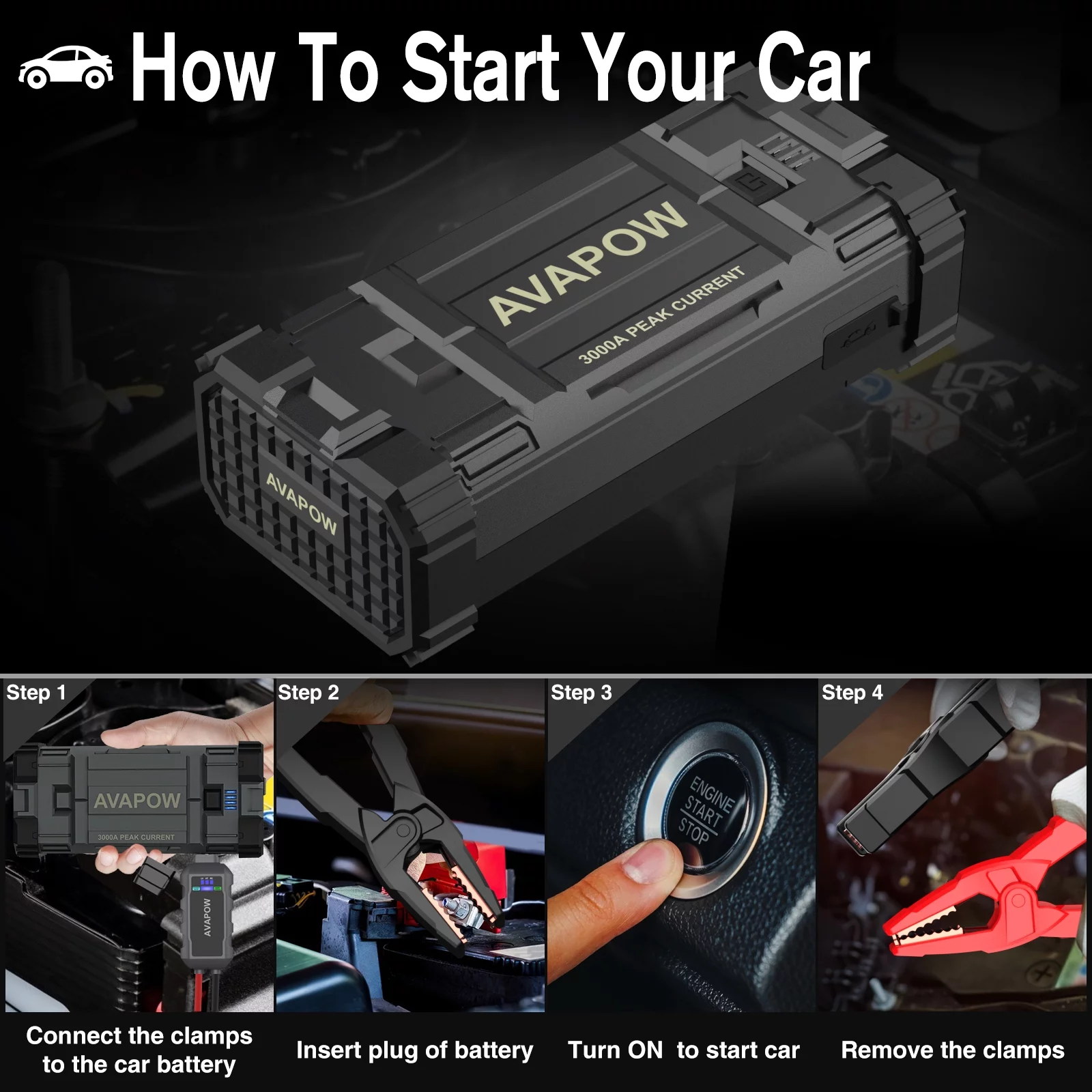 AVAPOW Car Battery Jump Starter ,3000A Peak Portable Jump Starters for Up to 8L Gas 8L Diesel Engine with Booster Function