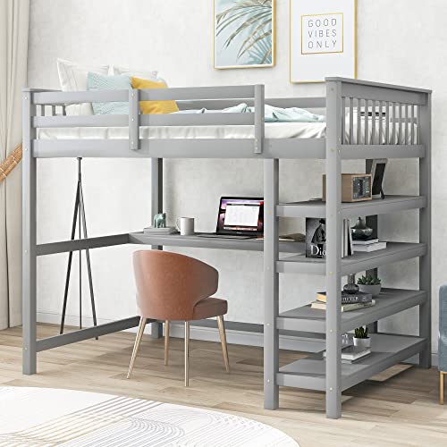 Harper & Bright Designs Full Loft Bed with Desk and Wardrobe,Solid Wood Loft Bed Frame Full with Storage Drawers for Kids Teens Adults