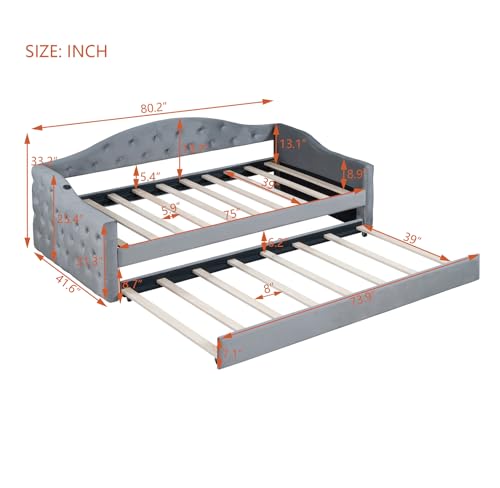 Twin Size Daybed with Trundle, Velvet Tufted Day Bed Frame with 2 USB Charging Ports, No Box Spring Needed