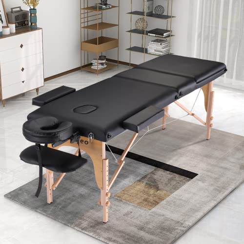 Portable Massage Table Massage Bed Professional SPA Reiki Eyelash Salon Bed, Wooden Frame Height Adjustment & Accessories, Black (3-Section)