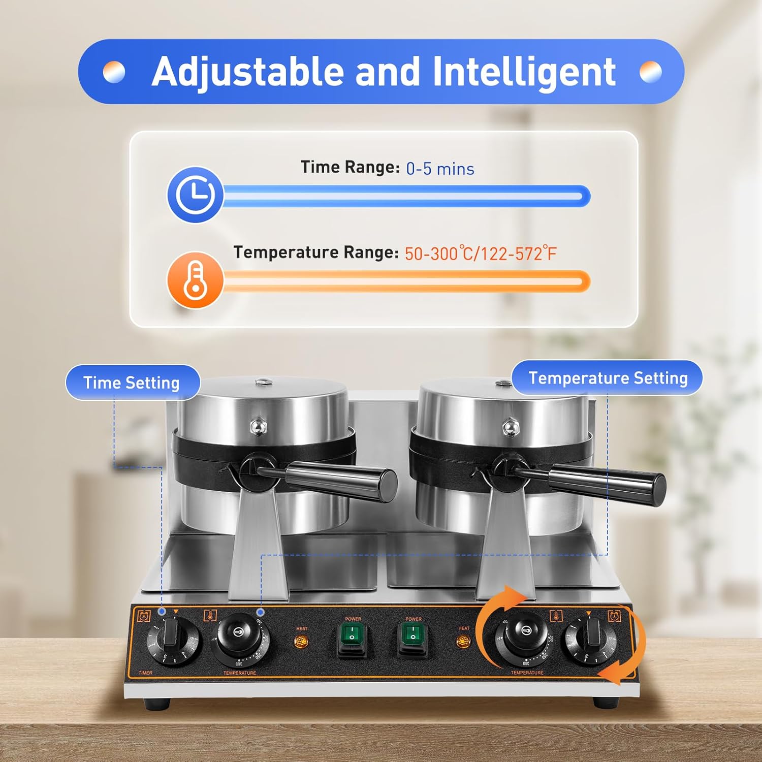 Belgian Waffle Maker 2600W Commercial Waffle Maker Double Waffle Maker 360° Rotating Large Stainless Steel Waffle Maker Non-stick Electric Chaffle