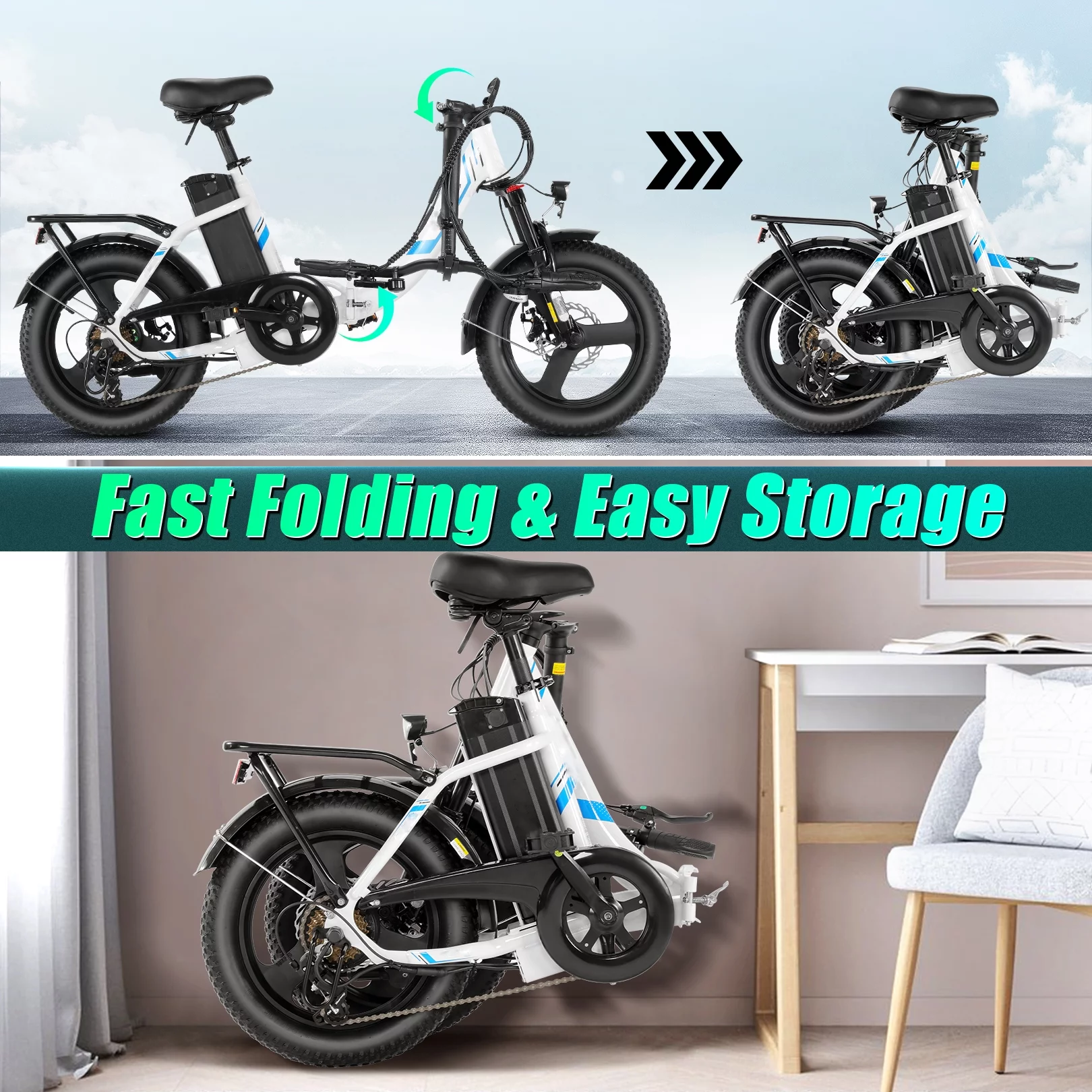 Gocio Electric Bike 3.0 Fat Tire Foldable Ebike, 48V 7.8Ah Battery, 350W Electric Commuter Bicycle Low-Step E Bike with LCD Meter
