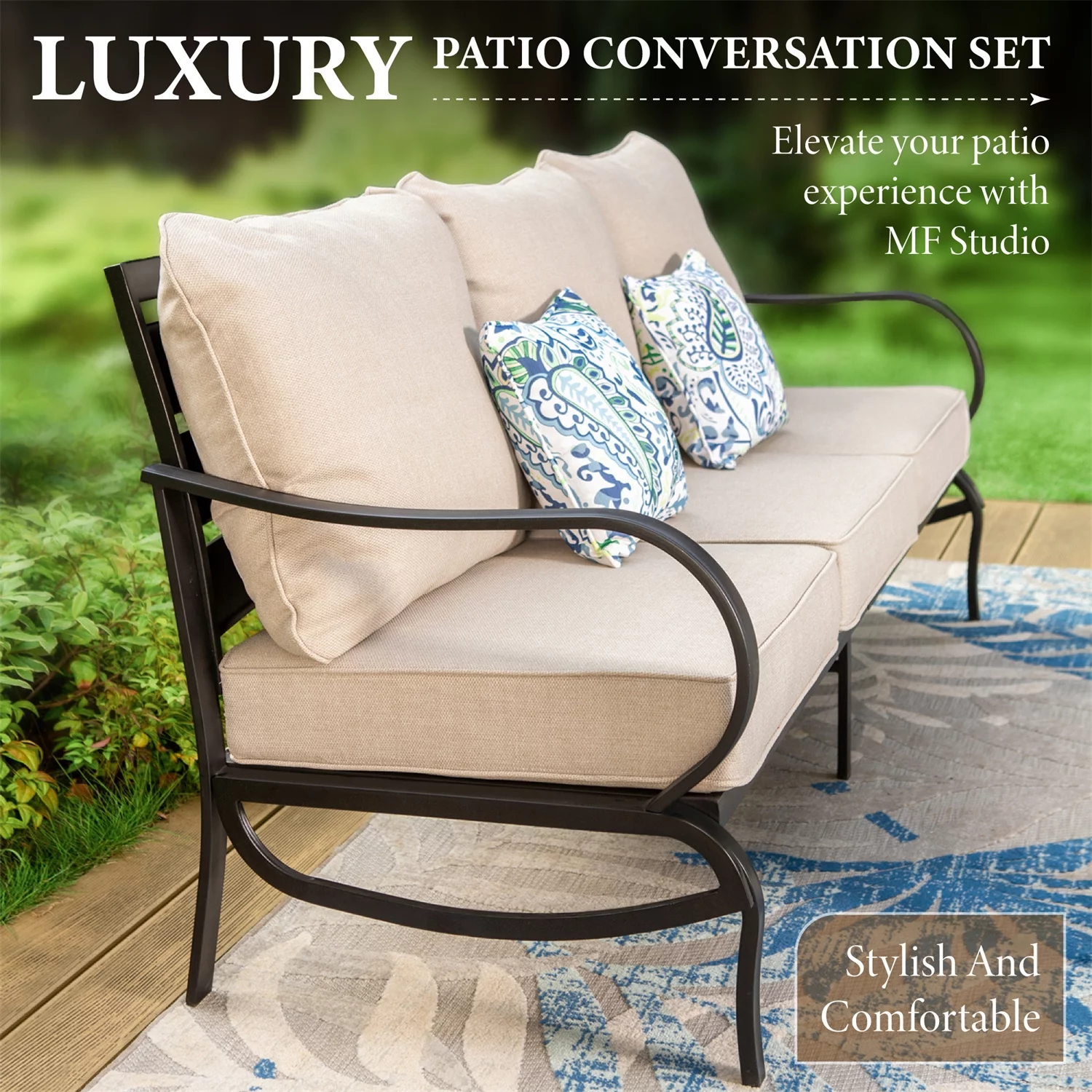 MF Studio 9-Seat Patio Conversation Set Metal Outdoor Furniture Sofa Set for 9 Person Beige