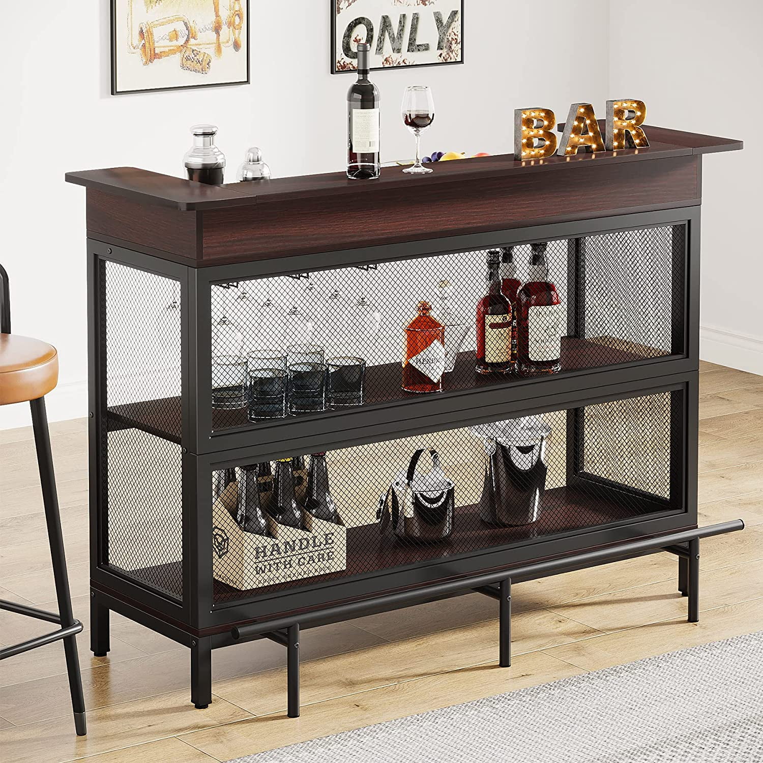 Industrial Home Bar Unit, 3 Tier Liquor Bar Table with Stemware Rack and Wine Storage Display Shelf
