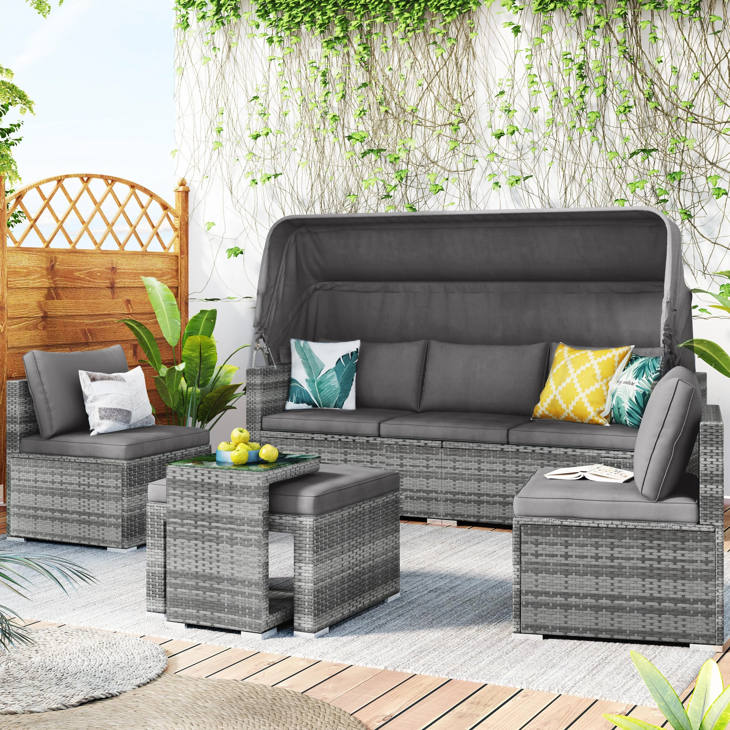 Seizeen 5 Pieces Patio Outdoor Daybed, Rattan Sectional Conversation Sofa Set with Retractable Canopy, Patio Sectional Bed with Side Table