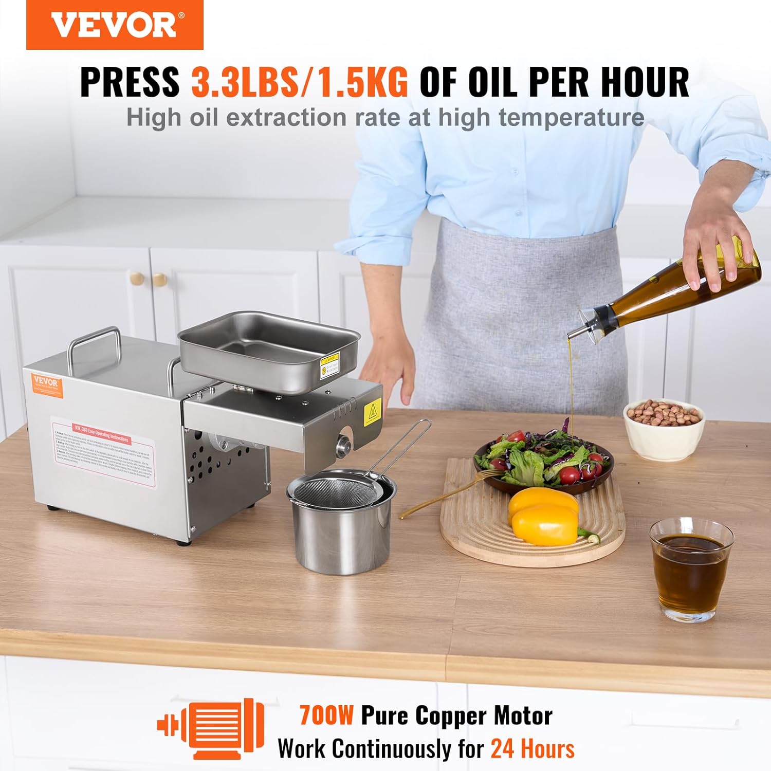 VEVOR Electric Oil Press Machine, 700W Stainless Steel Oil Extractor Machine, 140℃ / 284℉ Constant Temperature