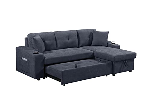 Sectional Sofa Sleeper with Pull Out Bed and Reversible Chaise Lounge, Modern L-Shaped 3-Seat Couch SofaBed with Cupholders