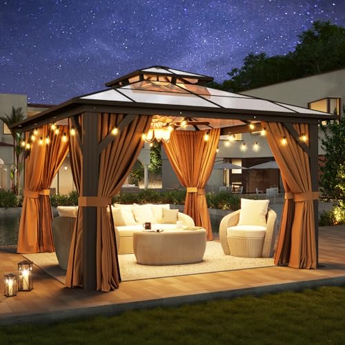 Aoxun 12'x10' Hardtop Gazebo, Aluminum Frame Permanent Pavilion with Curtains and Netting, Outdoor Polycarbonate Double Roof Canopy