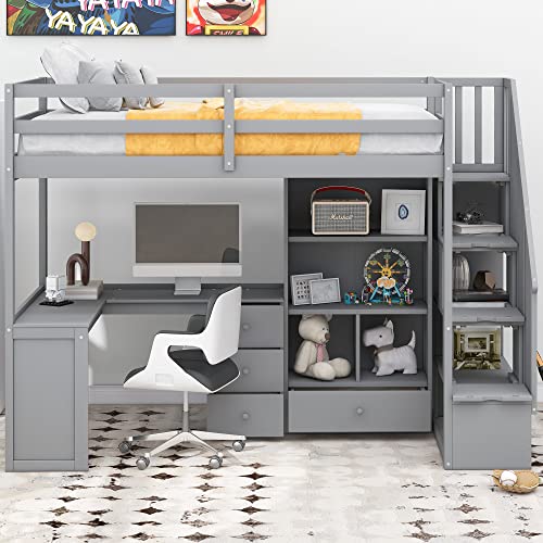 Harper & Bright Designs Twin Size Loft Bed with L-Shaped Desk and Stairs, Solid Wood Loft Bed Frame with Storage Drawers and Bookcase