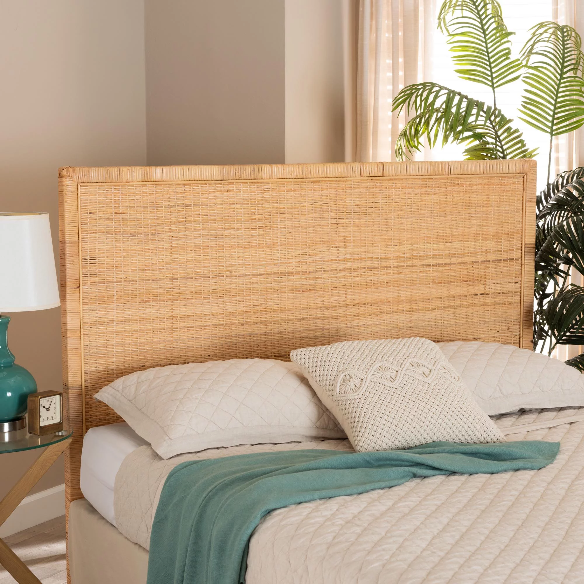 Baxton Studio Adelyn Modern Bohemian Natural Brown Rattan and Mahogany Wood Queen Size Headboard