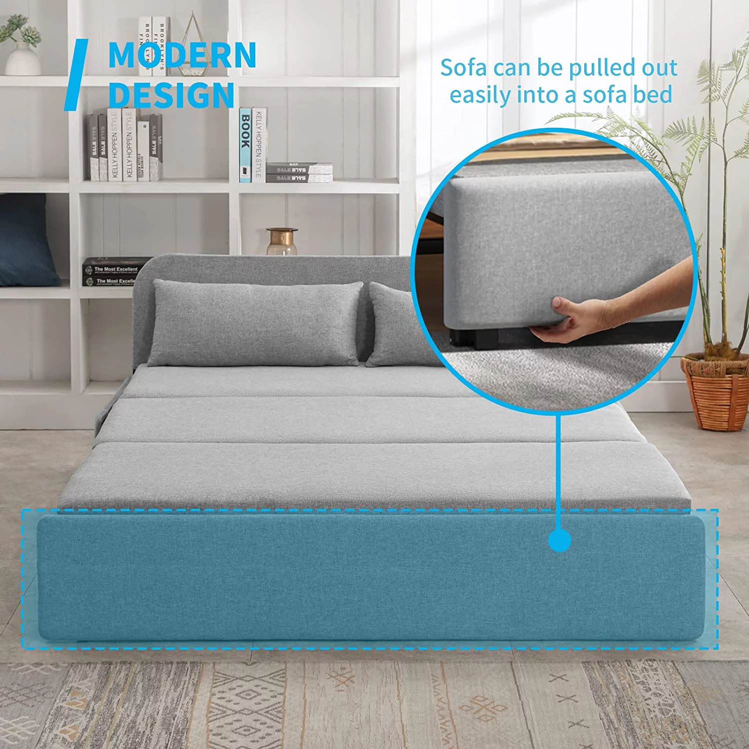 Mjkone Queen Size Convertible Sofa Bed, Modern Pull Out Linen Sleeper Sofa Couch