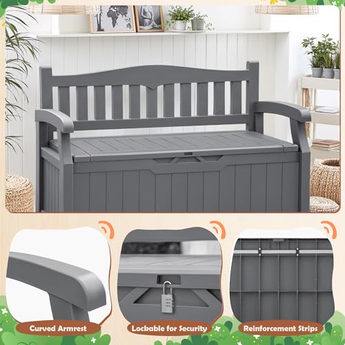 JUMMICO 80 Gallon Resin Outdoor Storage Bench, Large Deck Box with Armrest, Lockable & Waterproof for Garden, Home, Patio, Pools (Black)