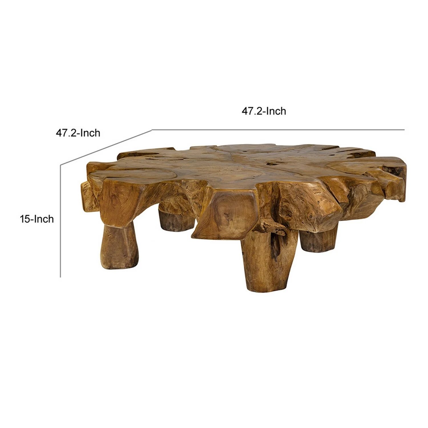 Benjara 47 Inch Coffee Table, Teak Root Frame, Natural Wood Grains, Classic Brown